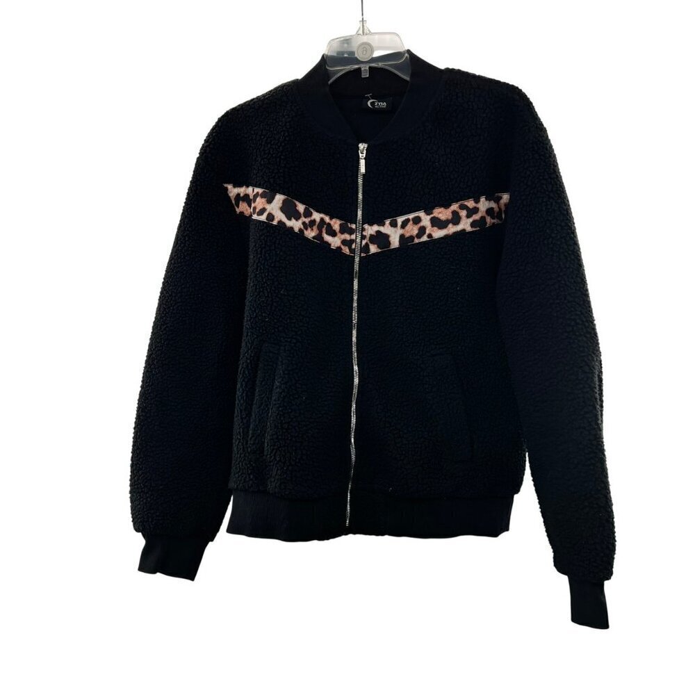 Zyia Active Women's Fleece Jacket Black/Cheetah Print Full Zip Size Medium